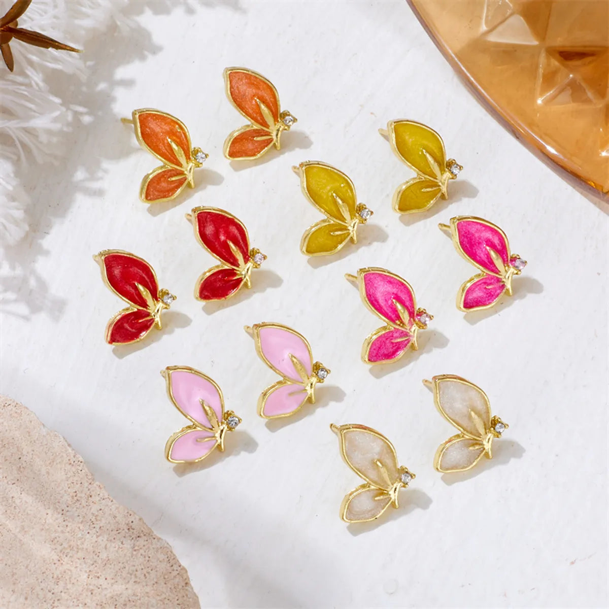 ladies earrings promise token style -Wholesale Jewelry Ig Style Sweet Butterfly Alloy Rhinestones Enamel Inlay Ear Studs