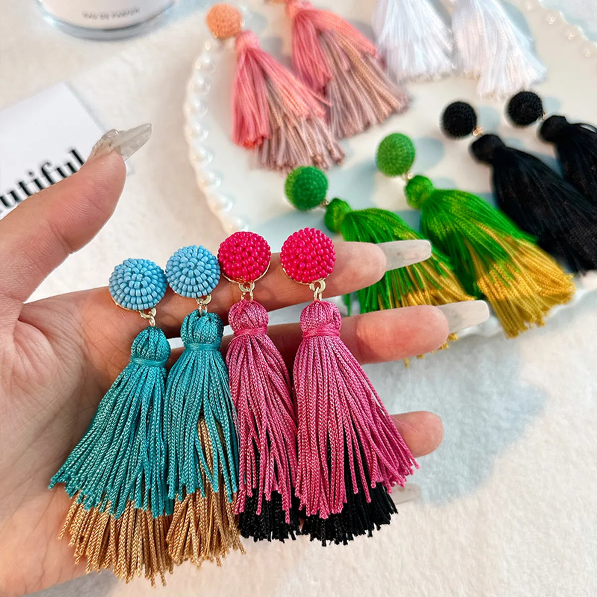 ladies earrings luxury brand appeal -1 Pair Casual Tassel Synthetic Fibre Alloy Glass Drop Earrings