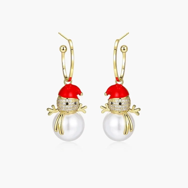 C- Shaped Ear Ring Christmas Snowman White Pearl Earrings