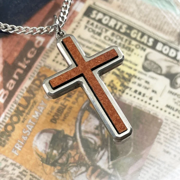 necklaces long chain style -Cross Wood Inlay Antique Silver Pendant Stainless Steel Curb Chain Necklace