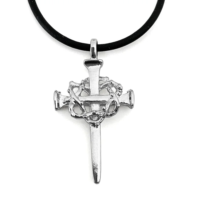 necklaces for anniversary surprise -Crown Of Thorns Nail Cross Necklace Rhodium Finish