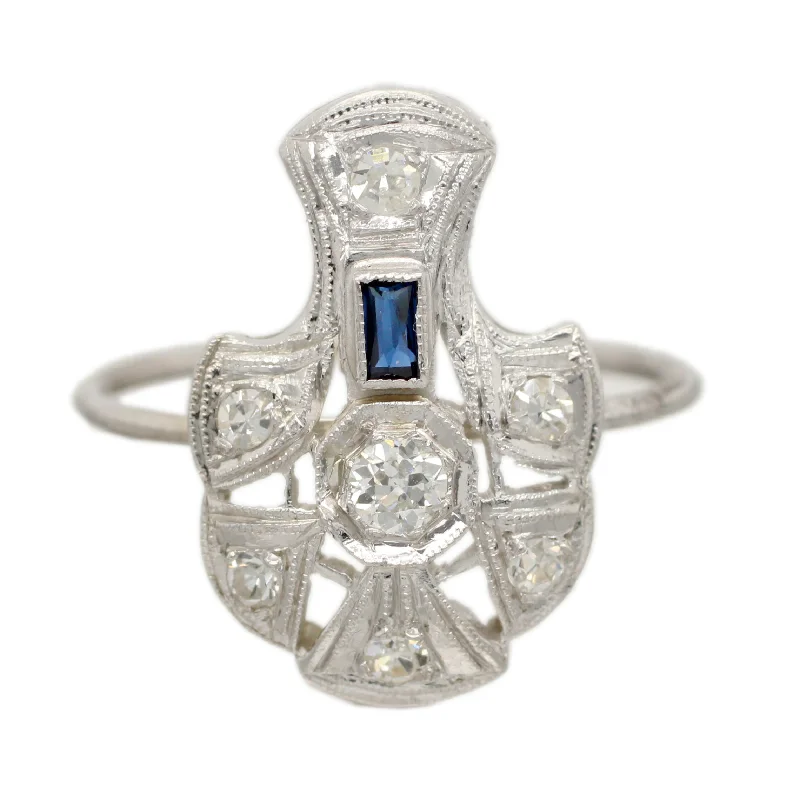 ladies engagement rings vintage charm -Antique Art Deco 0.40ctw Diamond & Sapphire Pin Conversion Ring - 14k White Gold