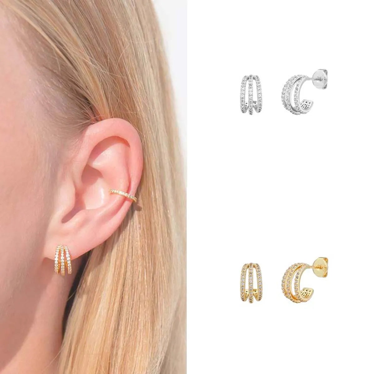 ladies earrings simple minimalist -1 Pair Simple Style C Shape Plating Inlay Copper Zircon Gold Plated Ear Studs