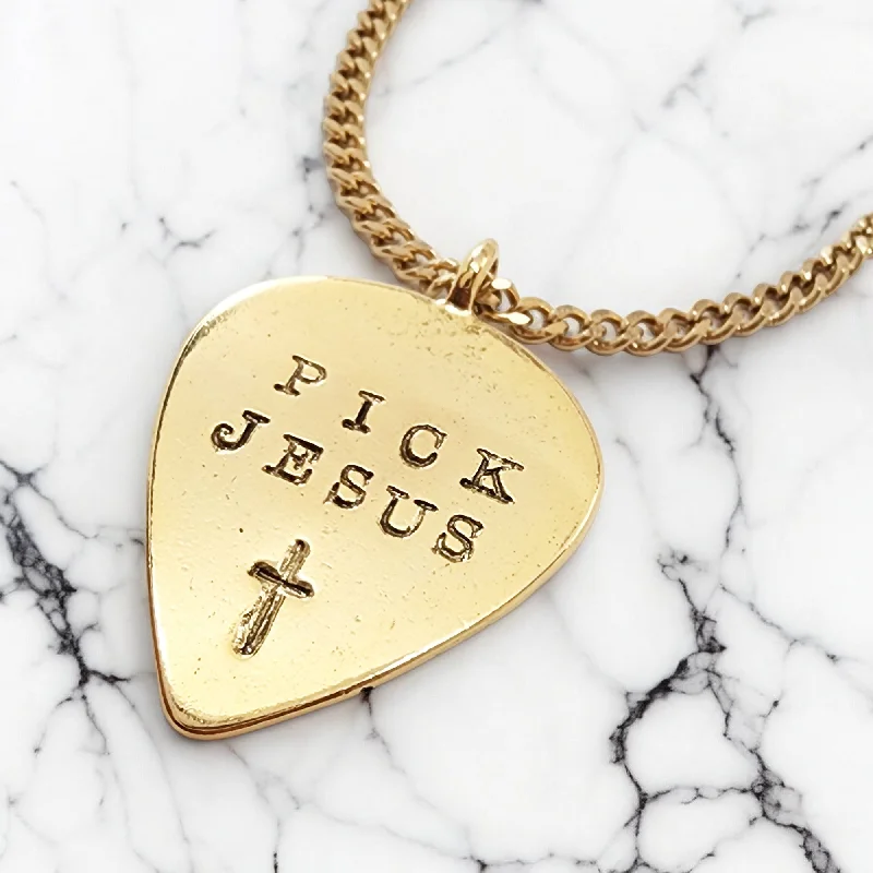 necklaces for teens trendy -Pick Jesus Cross Gold Metal Finish Guitar Pick Pendant Gold Finish Chain Necklace