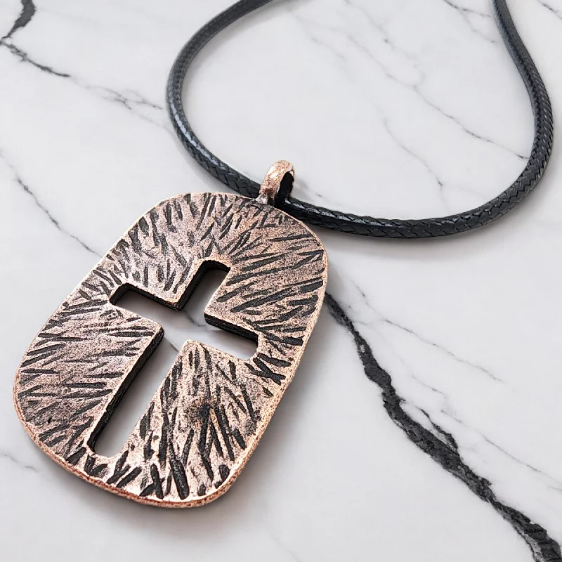 necklaces with heart charm -Cross Tag Hammered Antique Copper Metal Finish Black Cord Necklace