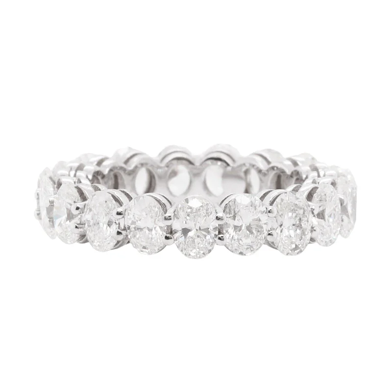 ladies engagement rings with opal glow -18k White Gold Oval Diamond 5.00mm Eternity Band 4.92ctw G-H VS2 Size 6.25