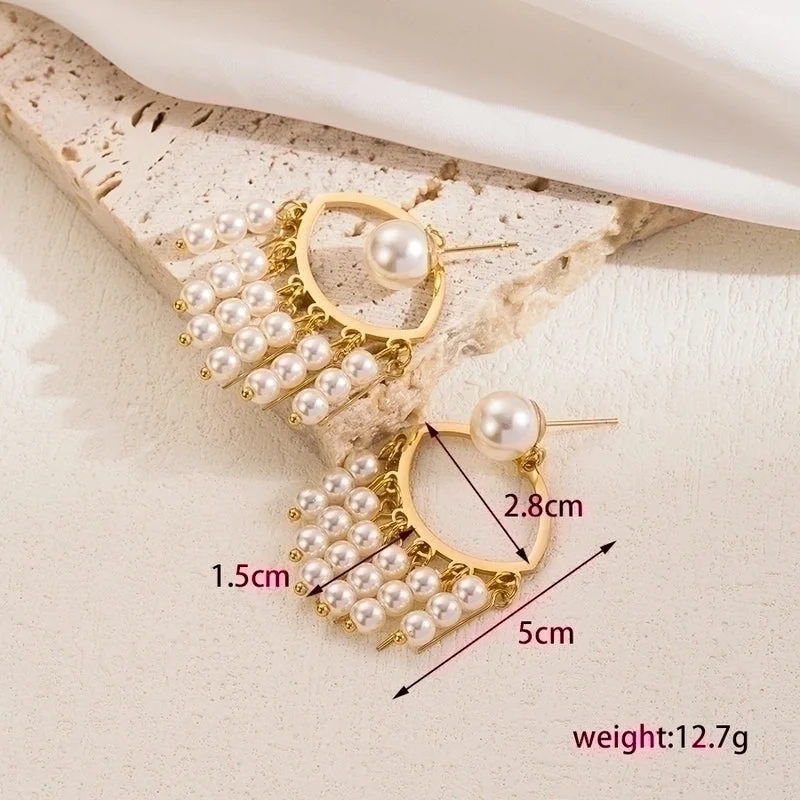 ladies earrings bold fashion statement -1 Pair Simple Style Heart Shape Plating Inlay Stainless Steel Artificial Pearls 18k Gold Plated Drop Earrings