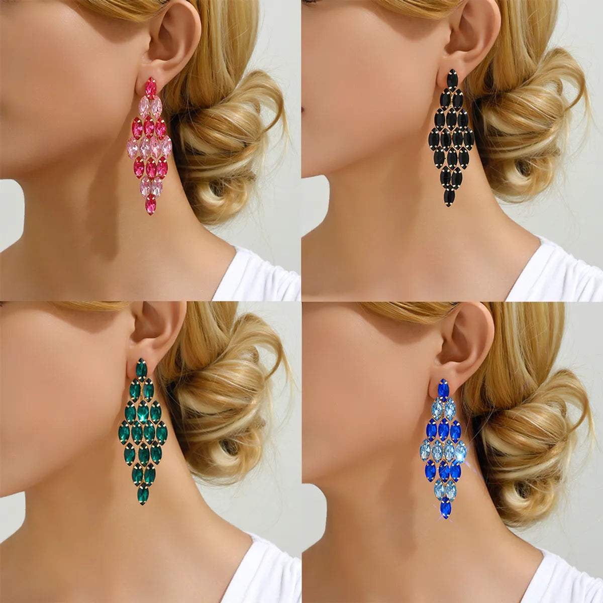 ladies earrings with turquoise stone -1 Pair Elegant Simple Style Geometric Maple Leaf Tassel Plating Inlay Ferroalloy Rhinestones Dangling Earrings