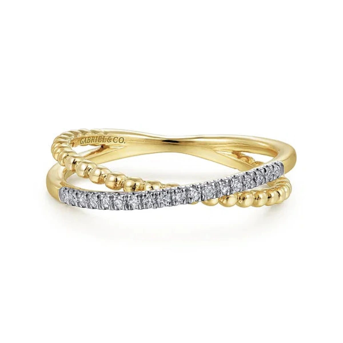 ladies engagement rings infinity symbol -14K Y Gold 0.10ctw Pave Diamond Beaded Crossover Ring