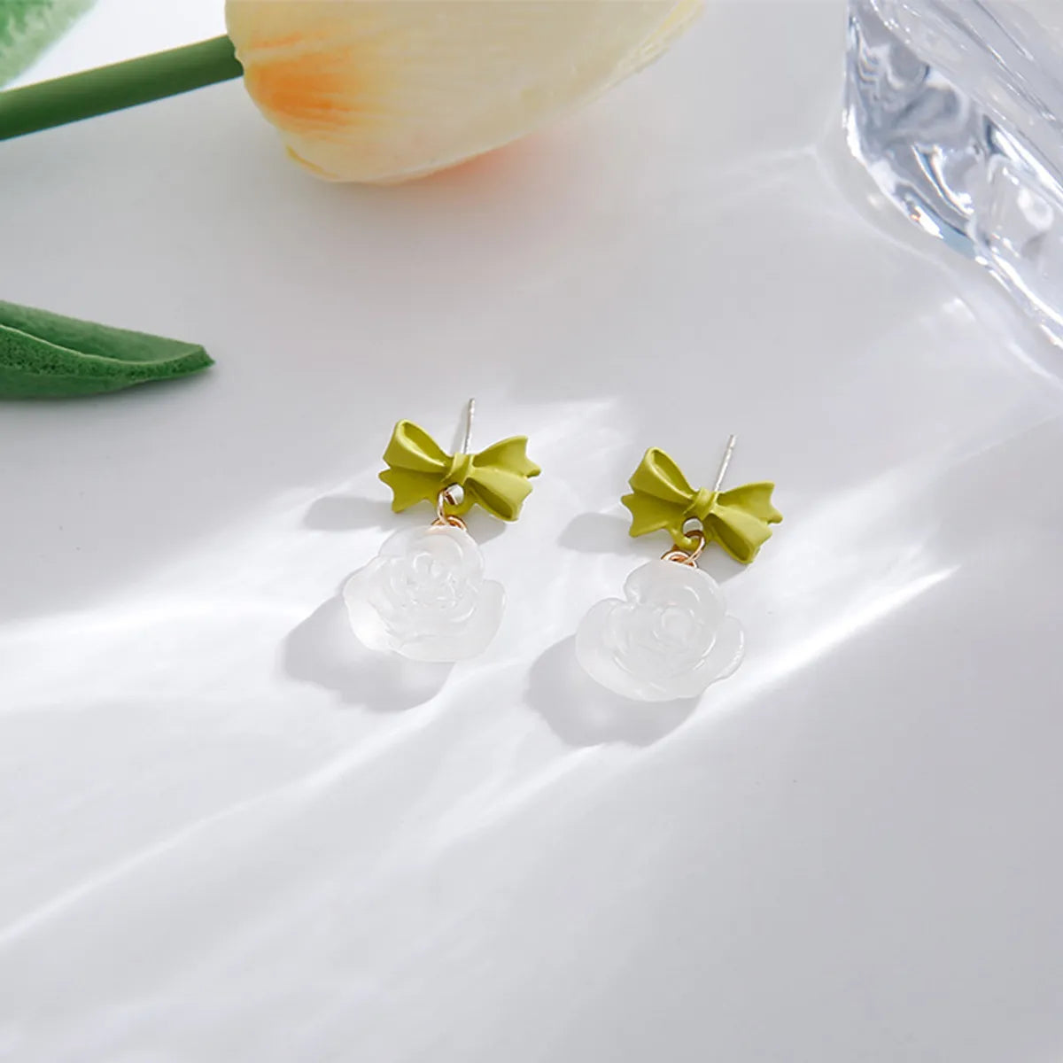 Green Bow Flower Stud Earrings