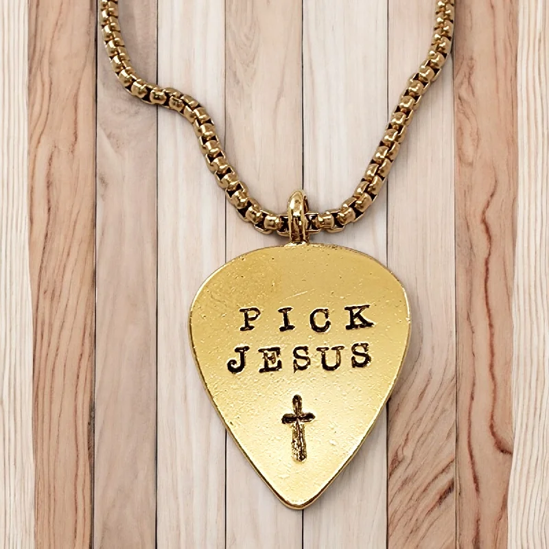 necklaces with infinity symbol -Pick Jesus Cross Gold Metal Finish Guitar Pick Pendant Gold Finish Heavy Chain Necklace