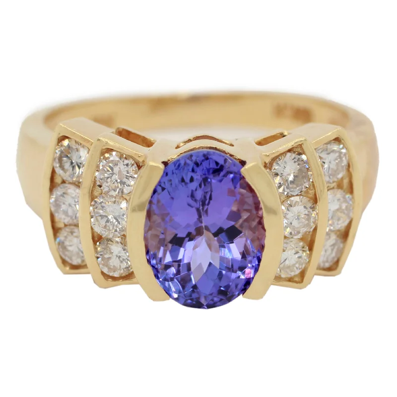 ladies engagement rings with aquamarine -1ctw Tanzanite and Diamond Accent Cathedral Style Band Ring - 18k Yellow Gold