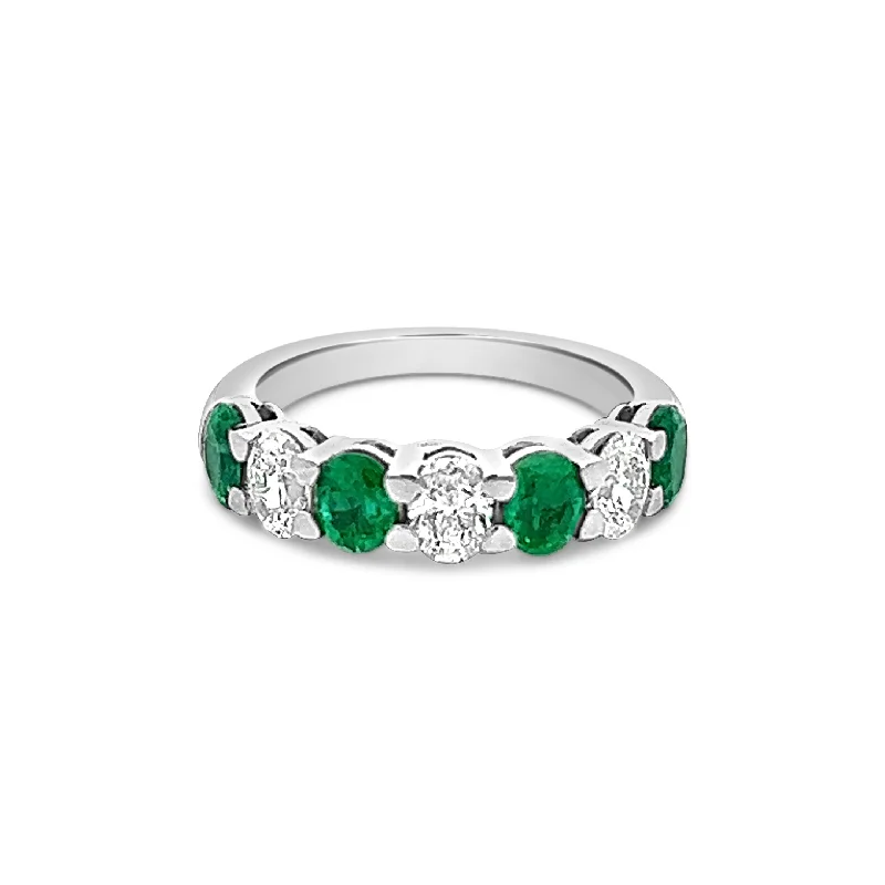 ladies engagement rings gold plated finish -Seven Stone Oval Emerald and Diamond Band