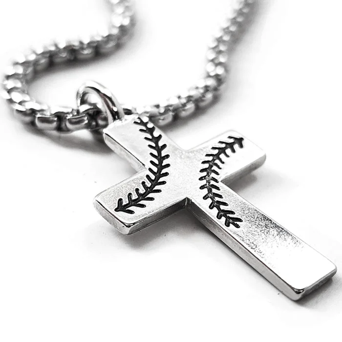 necklaces for stylish women -Baseball Stitch Cross Rhodium Finish Necklace on Heavy Chain