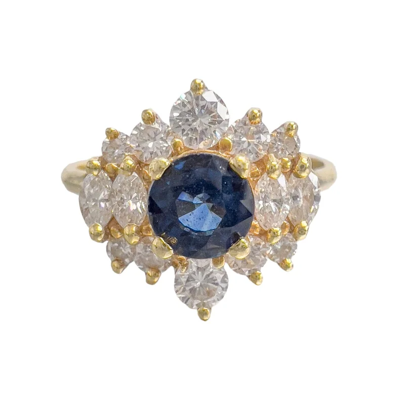 ladies engagement rings yellow gold classic -18k Yellow Gold 0.75ct Sapphire Diamond Cluster Cocktail Ring 0.50ctw sz 8.75