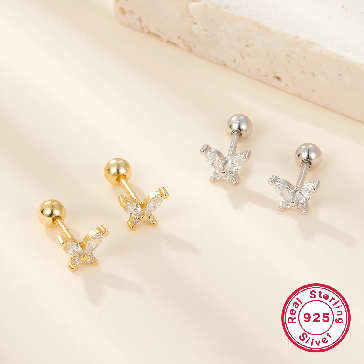 ladies earrings for party wear -1 Pair Ig Style Simple Style Shiny Butterfly Plating Inlay Sterling Silver Zircon 18k Gold Plated White Gold Plated Ear Studs