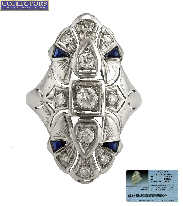 ladies engagement rings with lab grown stone -Antique Art Deco 18K White Gold 0.57ctw Diamond Blue Sapphire Filigree Ring EGL