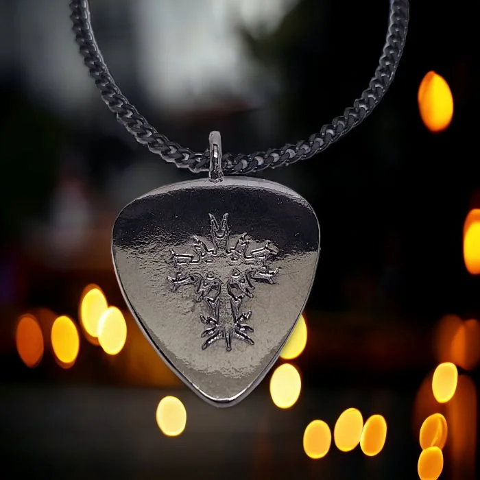 necklaces with red ruby -Cross Guitar Pick Dark Metal Finish Pendant Dark Curb Chain Necklace