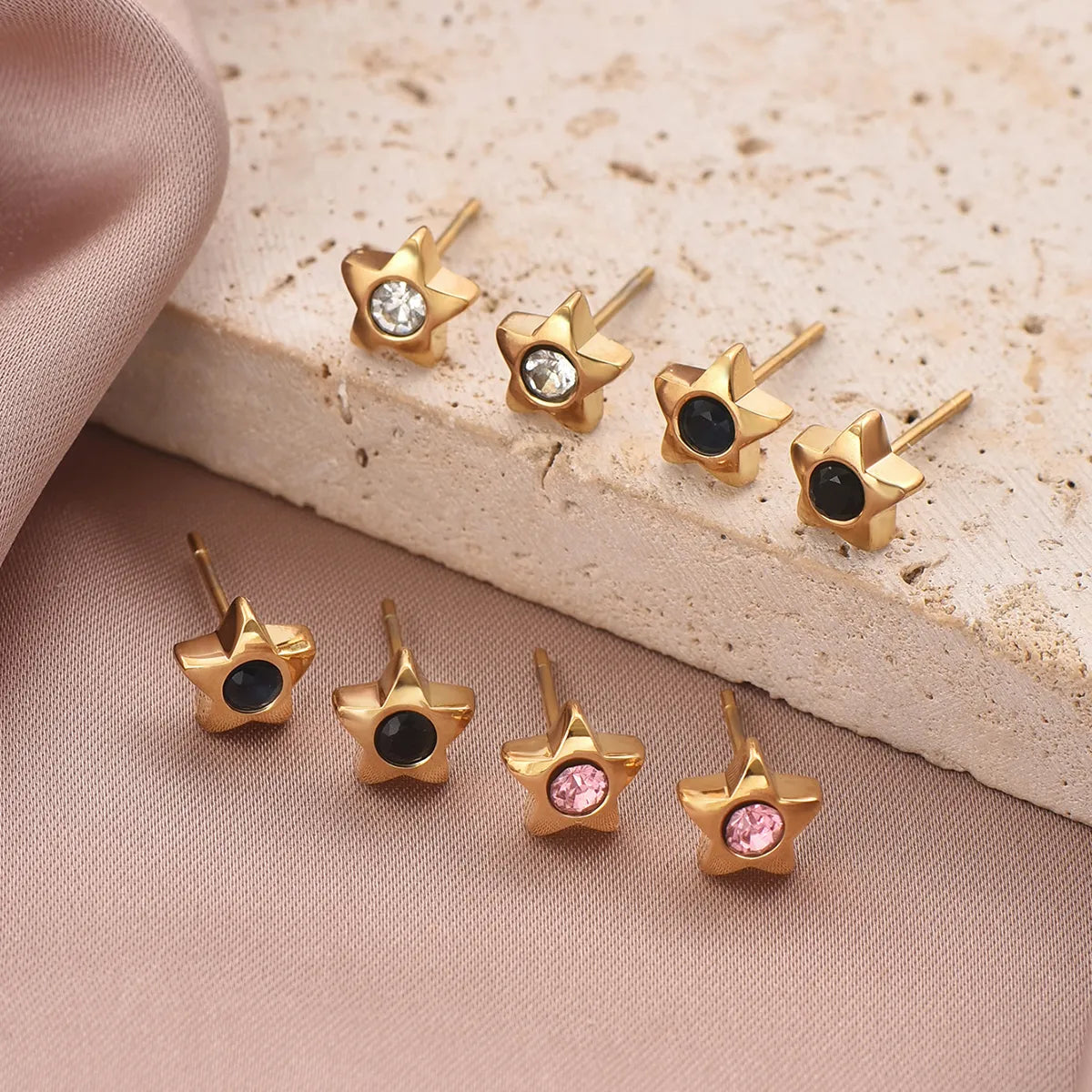 ladies earrings for fashion lovers -1 Pair Cute Sweet Pentagram Plating Inlay 304 Stainless Steel Rhinestones 14K Gold Plated Ear Studs