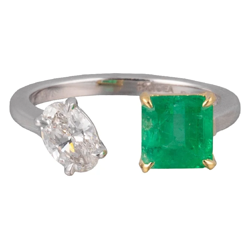 ladies engagement rings with turquoise stone -GIA Columbian Emerald & Oval Diamond in Platinum & 18k Gold Ring 2.23tcw