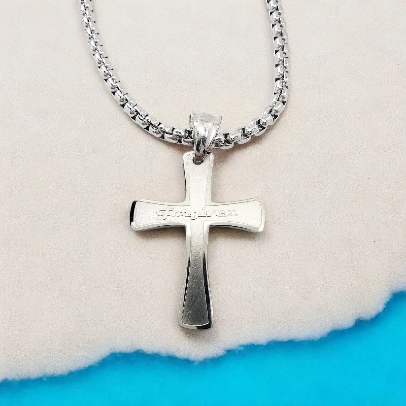 necklaces with zircon sparkle -Cross Forgiven Stainless Steel Finish Heavy Chain Necklace