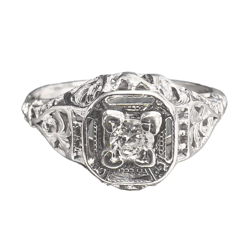 ladies engagement rings with ruby stone -Antique Art Deco 18k White Gold Diamond Solitaire Ring 0.10ct G VS2 sz 7.25