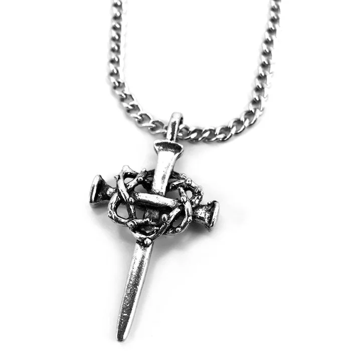 necklaces for evening wear -Crown Of Thorns Nail Cross Necklace Silver Finish On Chain