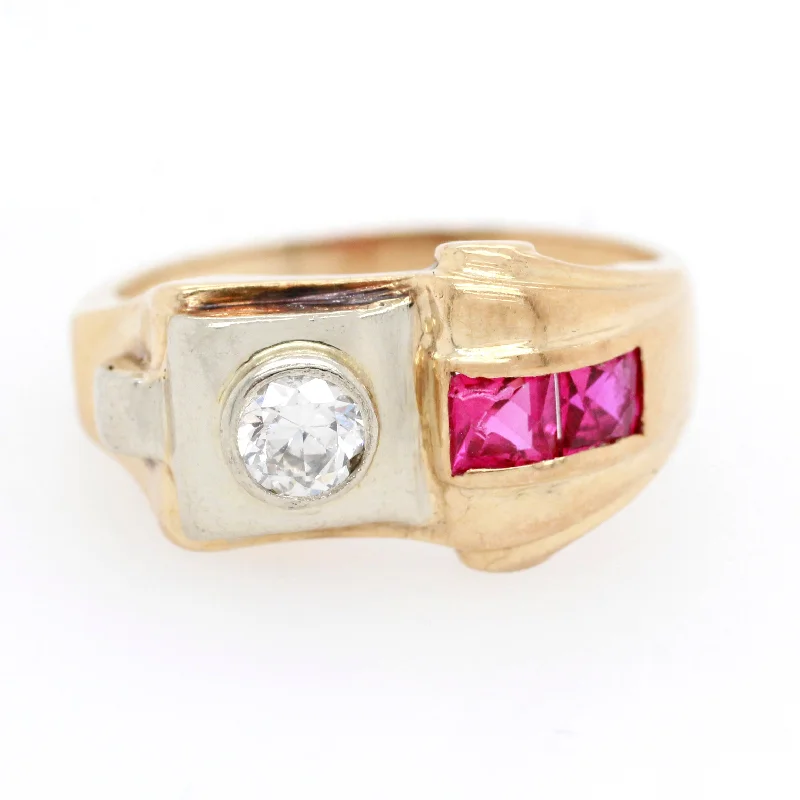 ladies engagement rings round cut brilliance -Antique Art Deco 0.20ct Diamond & 0.30ctw Ruby Band Ring in 14k Gold - Size 6.25