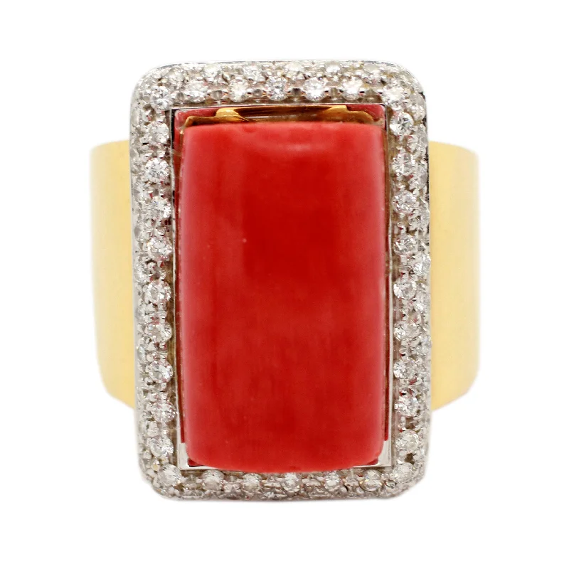 ladies engagement rings with lab grown stone -Gio Caroli Vintage Red Coral & 2.00ctw Diamond Cocktail Ring - 18k Yellow Gold