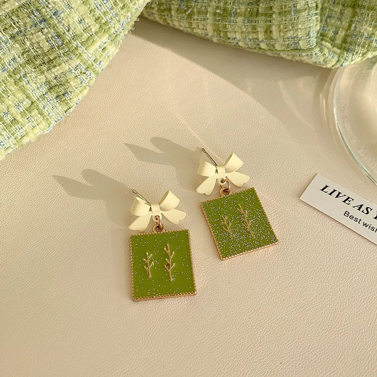 Green Square Dripping Stud Earrings