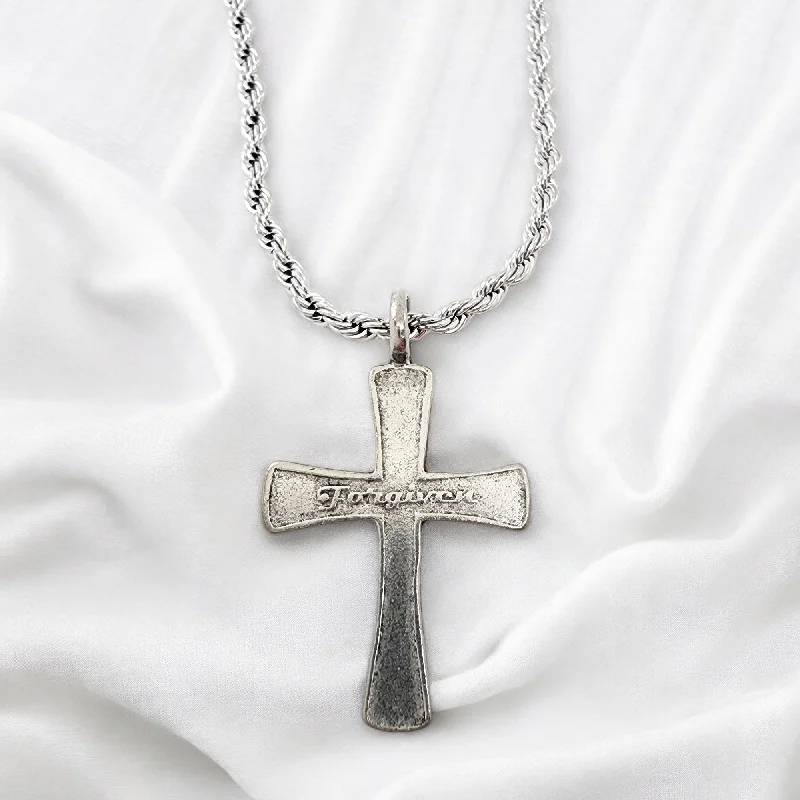 necklaces for mothers gift -Cross Forgiven Antique Silver Metal Finish Rope Chain Necklace