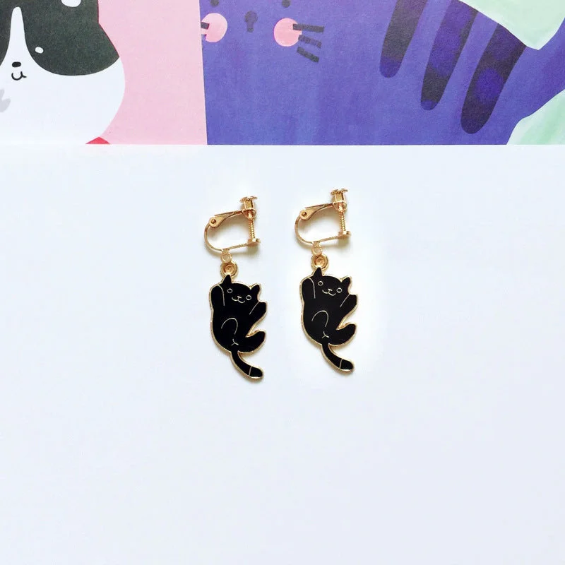 Black Little Fat Cat, a Pair of Ear Clips