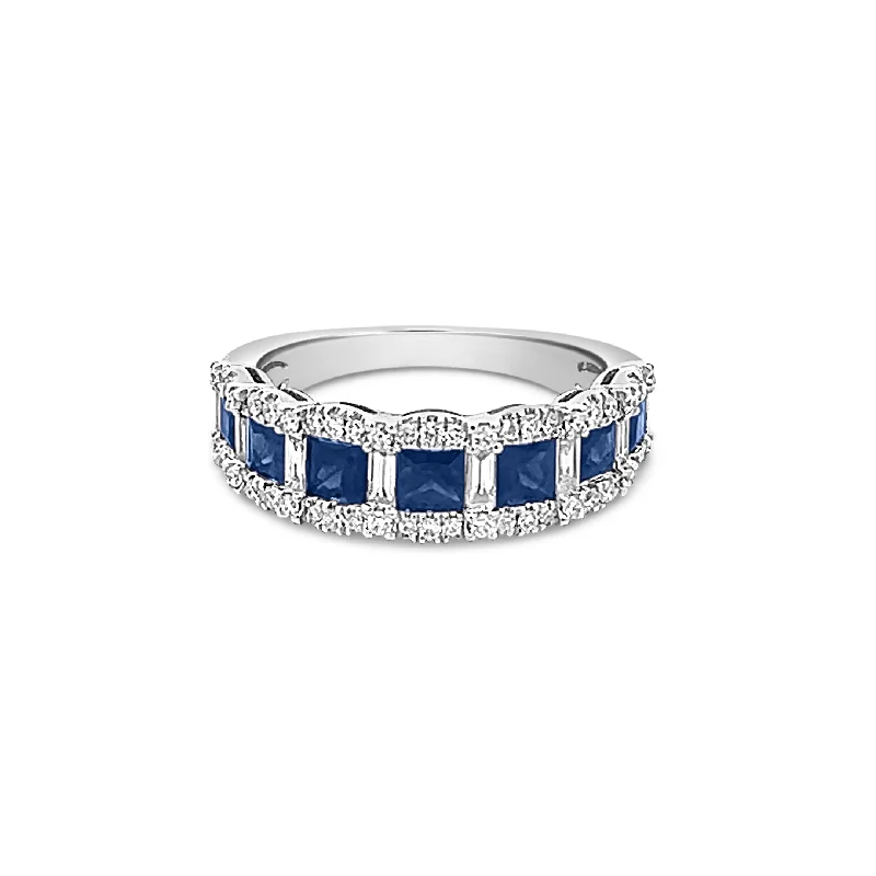 ladies engagement rings bold statement ring -Square Sapphire Band with Baguette and Round Diamonds