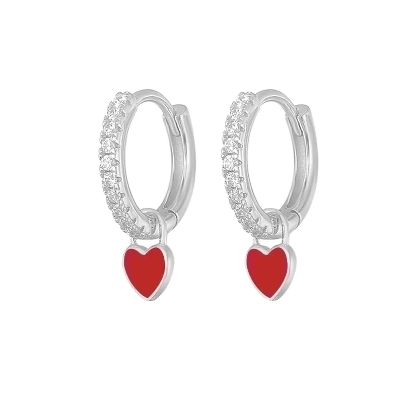 Love Heart Earrings/White Gold Color/Red