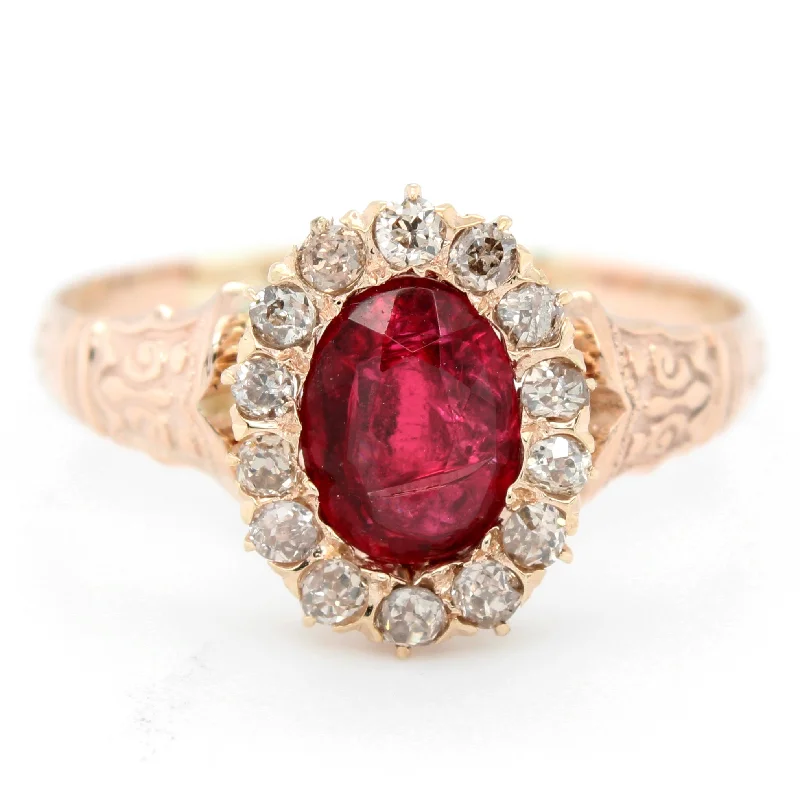 ladies engagement rings with crystal accents -Antique Art Deco 14k Rose Gold 1.60ct Garnet & Diamond Halo Cocktail Ring