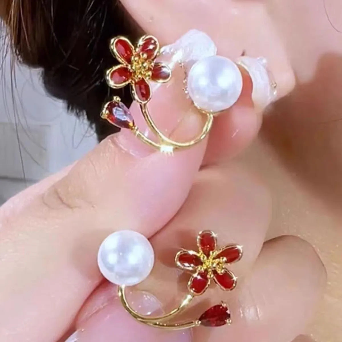 ladies earrings for special occasions -1 Pair Elegant Pastoral Flower Plating Inlay Alloy Artificial Gemstones Gold Plated Ear Studs