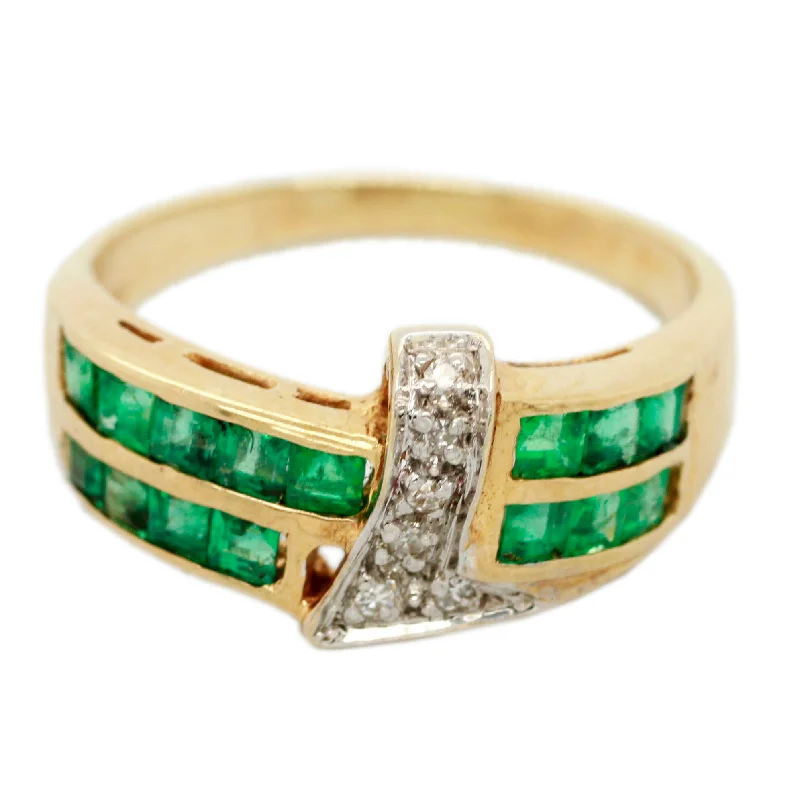 ladies engagement rings bold statement ring -Vintage 0.60ctw Emerald and 0.15ctw Diamond Two Row Band Ring - 14k Yellow Gold