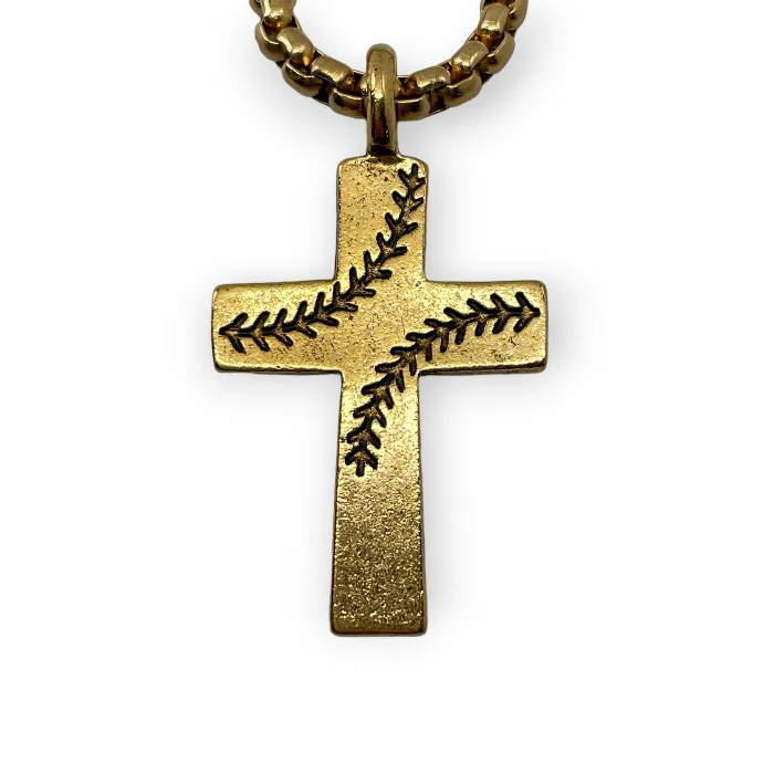 necklaces for bold fashion -Baseball Stitch Cross Gold Finish Necklace on Heavy Chain