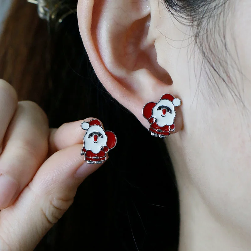 ladies earrings art deco charm -1 Pair Cute Christmas Santa Claus Epoxy Sterling Silver White Gold Plated Ear Studs