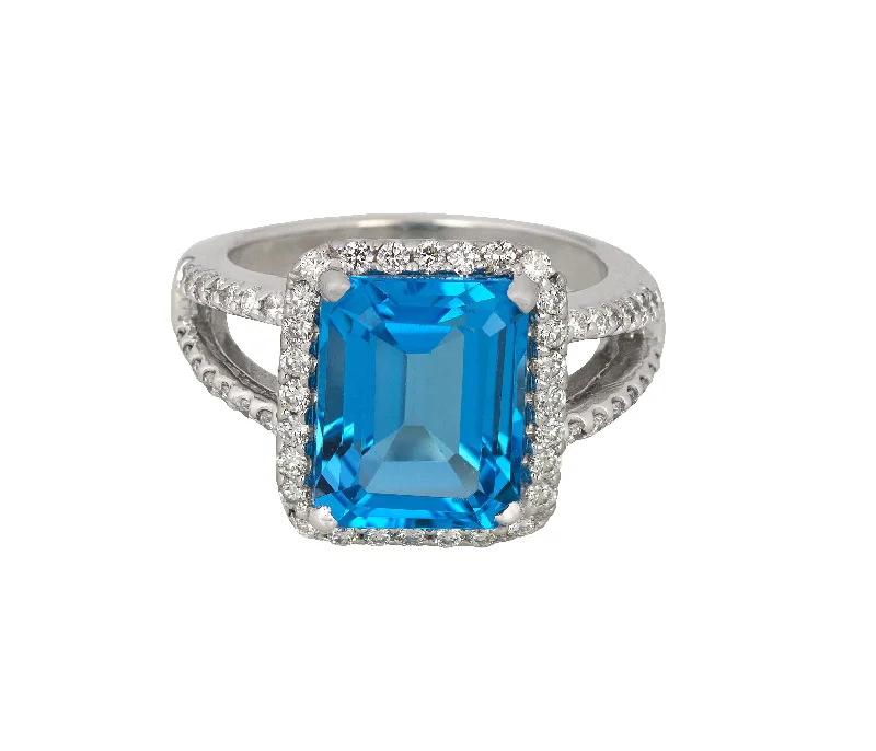 ladies engagement rings vintage inspired -Modern 14K White Gold 12x10mm Blue Topaz Radiant Cut Diamond Cocktail Ring