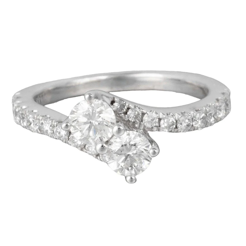 ladies engagement rings radiant cut stone -Modern Estate 14k White Gold Two Stone Diamond Bypass Ring 1.14ctw Size 5.25