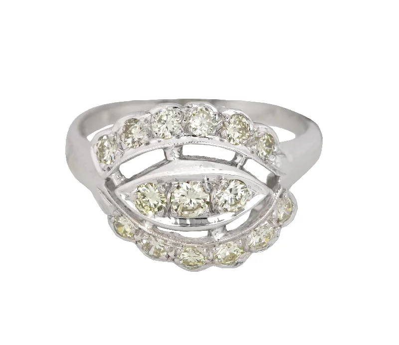 ladies engagement rings white sapphire purity -Women's Modernist 14k White Gold 0.80ctw Diamond Ornate Cocktail Ring