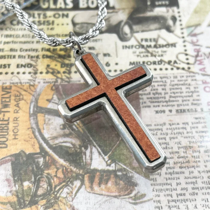 necklaces with infinity symbol -Cross Wood Inlay Antique Silver Pendant Stainless Steel Rope Chain Necklace