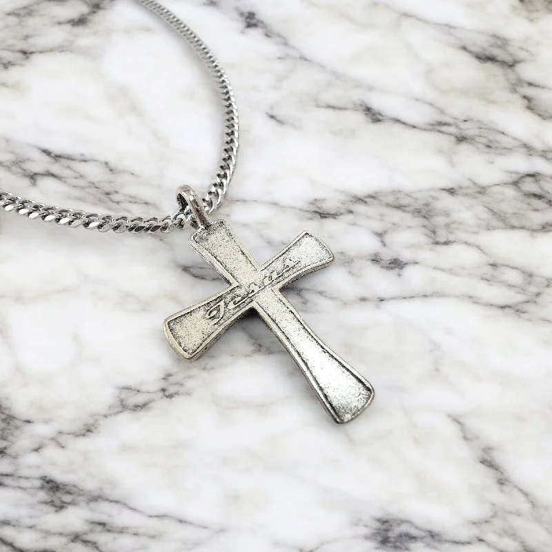 necklaces with zircon sparkle -Cross Jesus Antique Silver Finish Chain Necklace