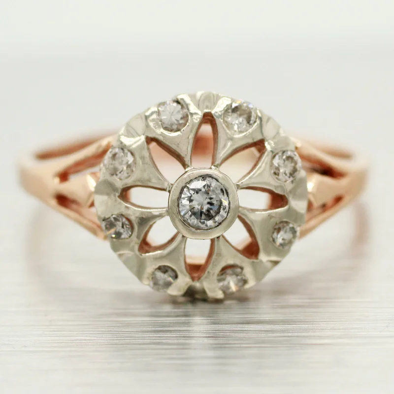 ladies engagement rings cluster ring style -Antique Art Deco 0.15ctw Diamond Floral Band Ring - 14k Rose Gold