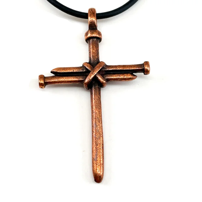 necklaces minimalist sleek design -Nail Cross Antique Copper Finish Black Rubber Necklace