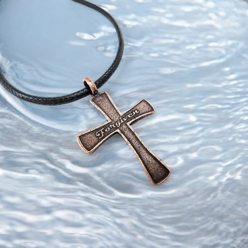 necklaces boho chic vibe -Forgiven Cross Antique Copper Metal Finish Black Cord Necklace