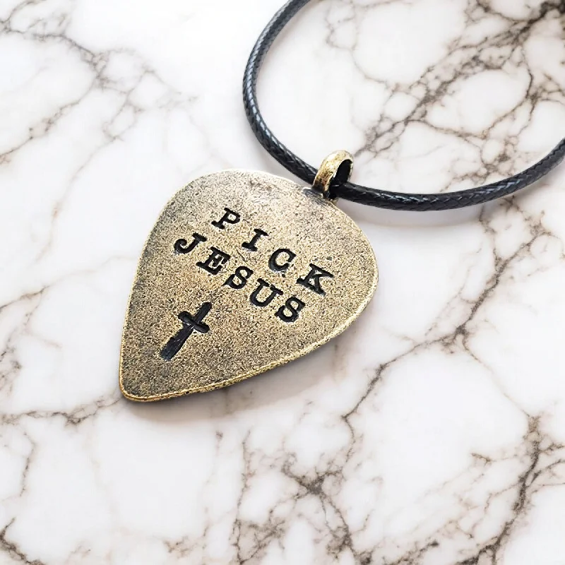 necklaces with sun pendant -Guitar Pick Jesus Cross Antique Brass Finish Pendant Black Cord Necklace