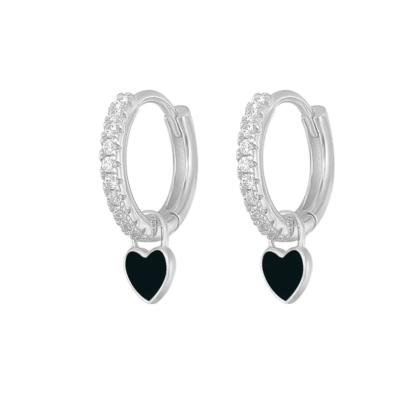 Love Heart Earrings/White Gold Color/Black