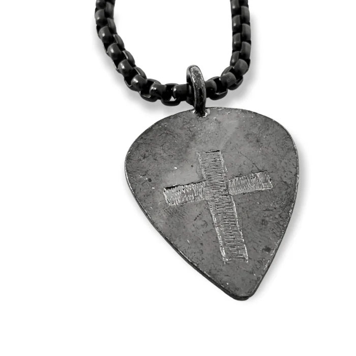 necklaces with yellow citrine -Cross Dark Metal Finish Guitar Pick Pendant Dark Heavy Chain Necklace